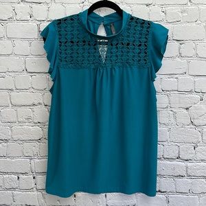 Massini Teal Flowy Top with Knitted Cut Out Detail and Flutter Sleeve Women’s XL